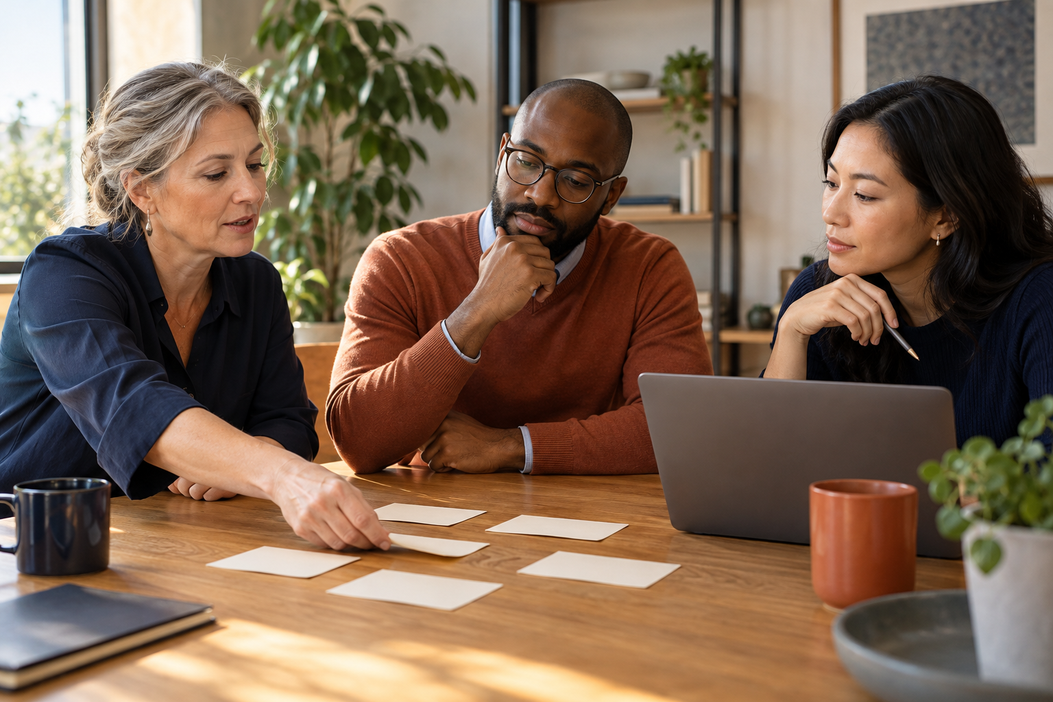 Three professionals discussing a small set of pilot tasks around a warm conference table.
