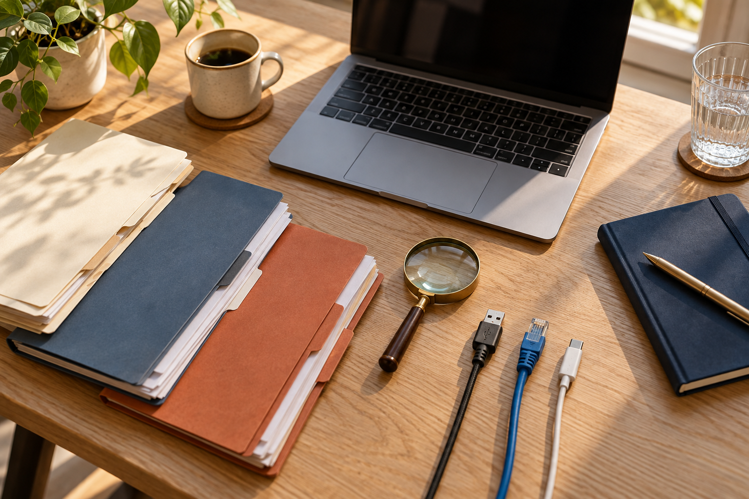 Laptop, source folders, magnifying glass and connectors arranged on a sunlit worktable.